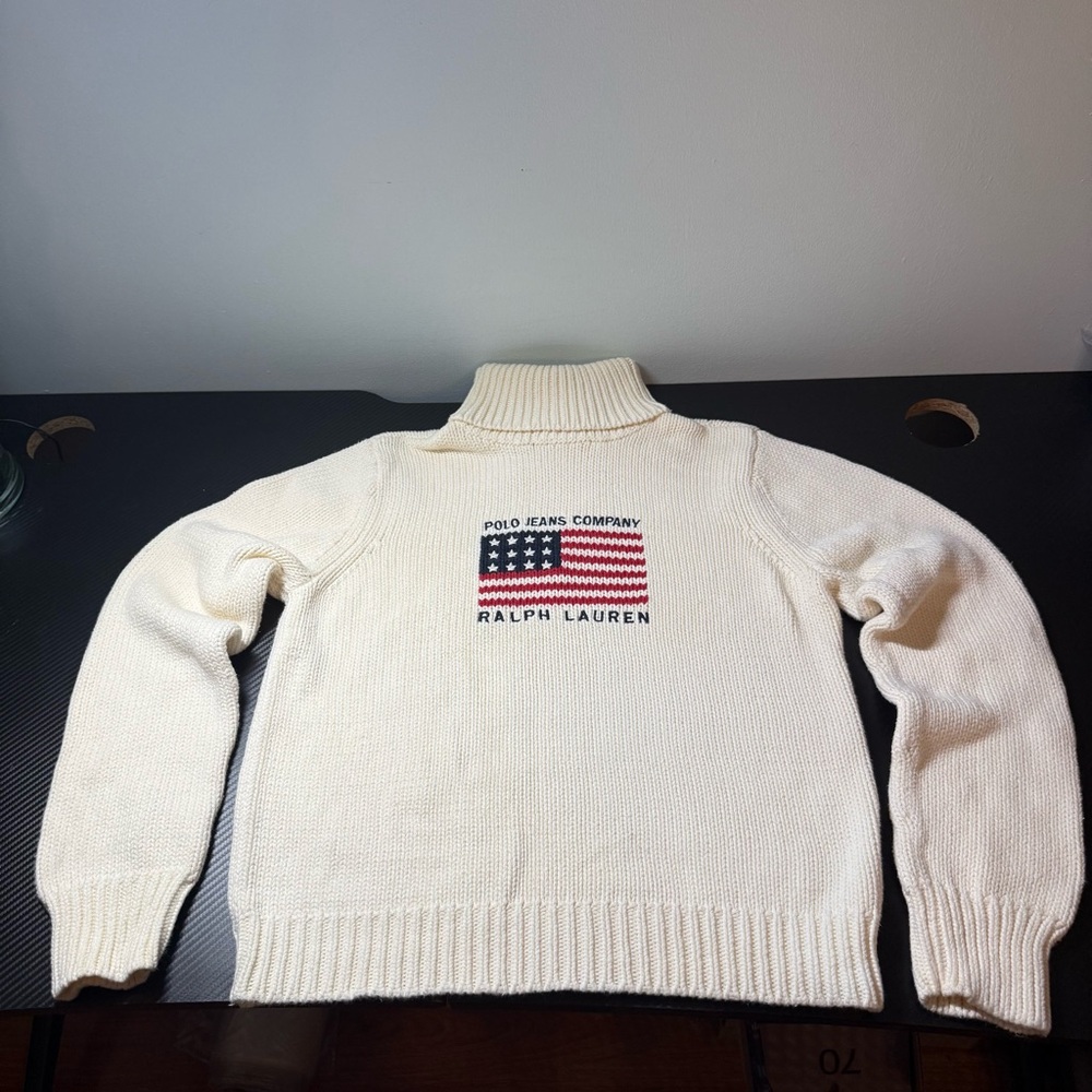 🇺🇸 Youths Vintage Polo Jeans Co. Ralph Lauren Flag Turtleneck USA Flag Sweater L - Picture 2 of 14